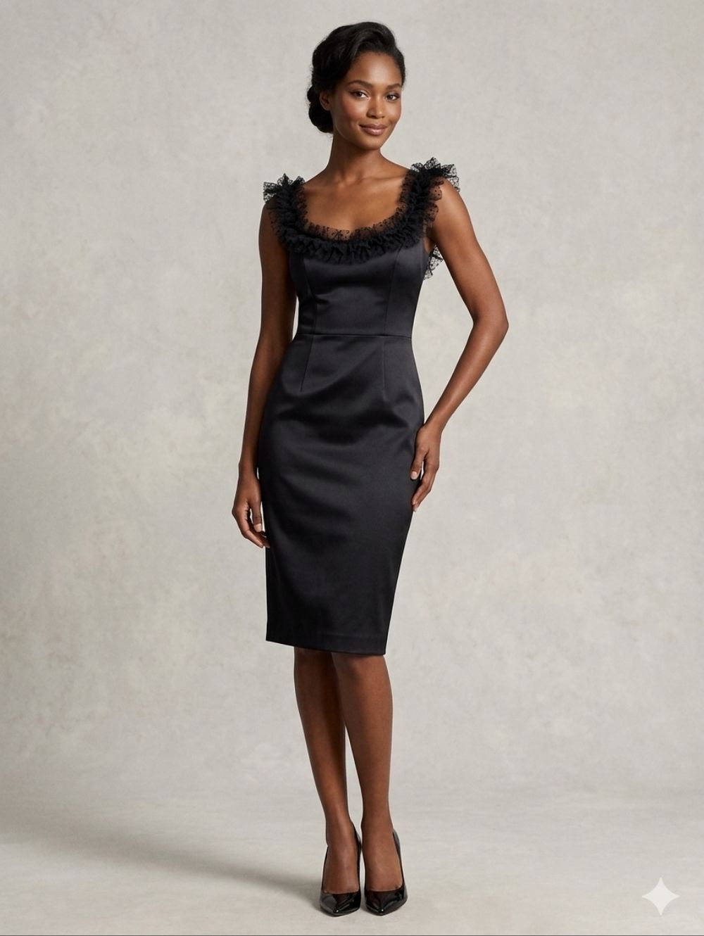 Maggy London Black Satin Ruffle Trim Sheath Cocktail Dress - Size 6